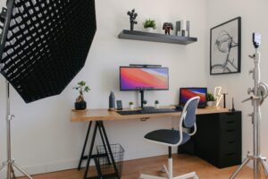 Professional content creation studio with camera and lighting equipment